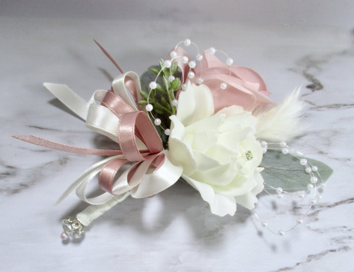 dusky pink and ivory corsage for weddngs, mother of the bride dusky pink corsage